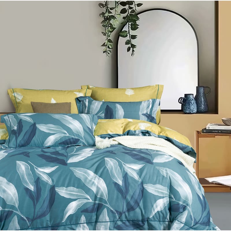 Linnett Blue Banana Leaf Pure Cotton Reversible Duvet Cover Set Queen - Blue , White,Yellow - Queen - 3 Piece