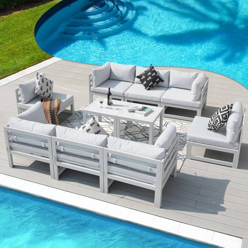 FINCATI White Aluminum Modern Patio Furniture Sectional Sofa Set with Cushion - 10 Pieces-A - Light Grey