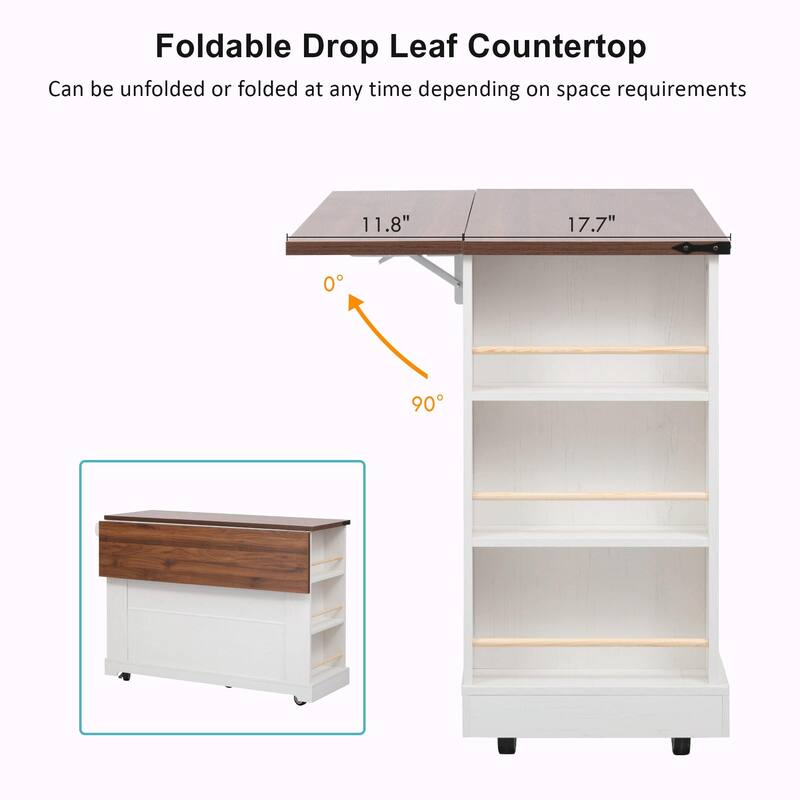 53'' Rolling Farmhouse Kitchen Island - Two Glass Cabinet Doors with Power Outlet