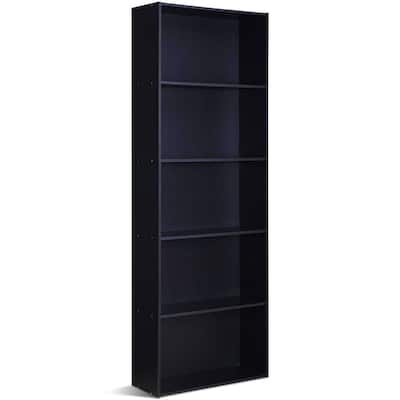 Modern 5-Shelf Bookcase Storage Shelves in Black Wood Finish - 23.5" x 9.5" x 67" ( L x W x H )