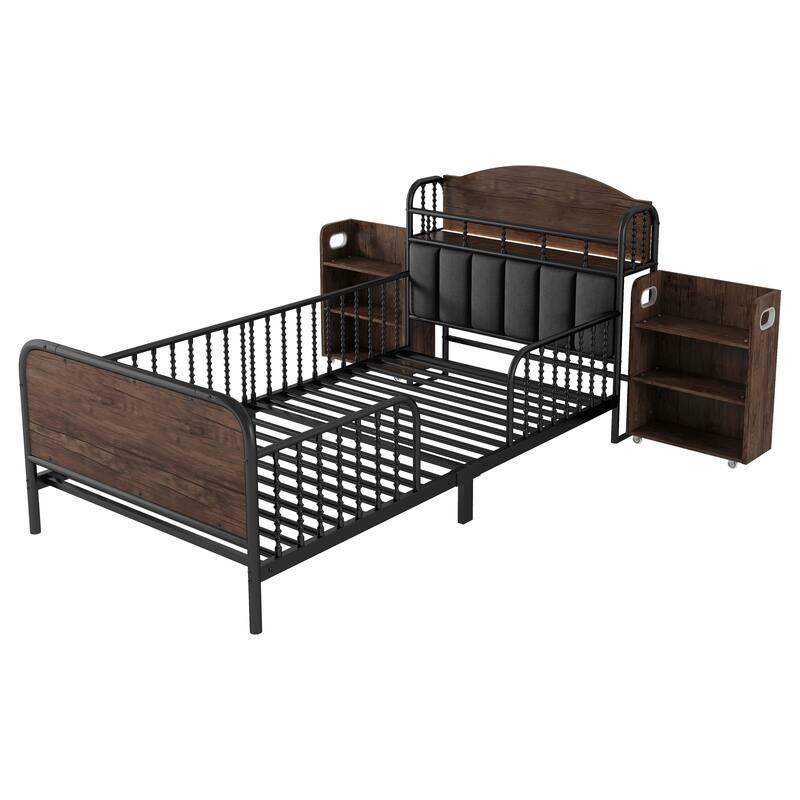 Kids Platform Bed Metal Frame with Linen Fabric Upholstered Storage Headboard Built-in Light Strip, Both Sides Rails
