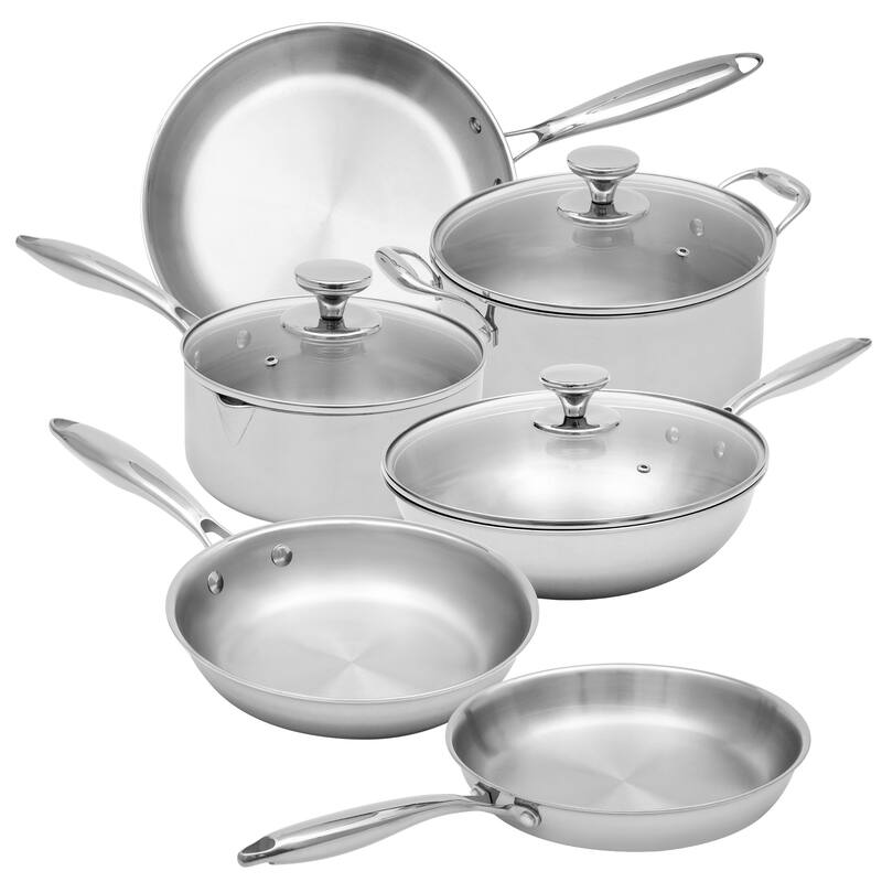 Tri-Ply Clad Stainless Steel Cookware Set with Tempered Glass Lid Perfect for Everyday Cooking - 8"H x 25"W x 16"D - Silver