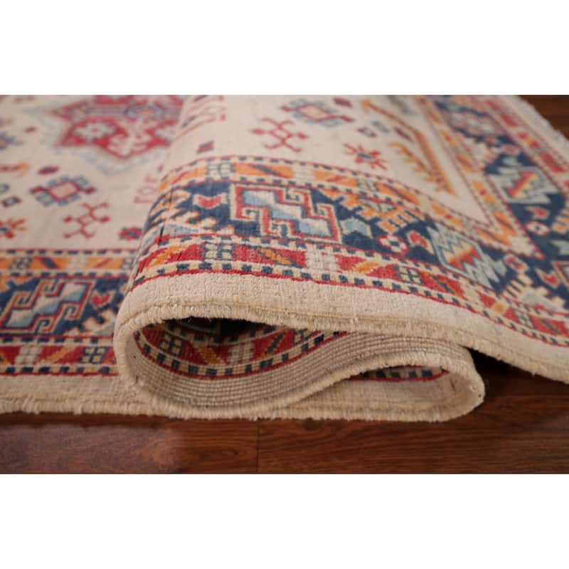 Kazak Area Rug Hand-Knotted Beige Geometric Wool Carpet - 4'0" x 6'1"