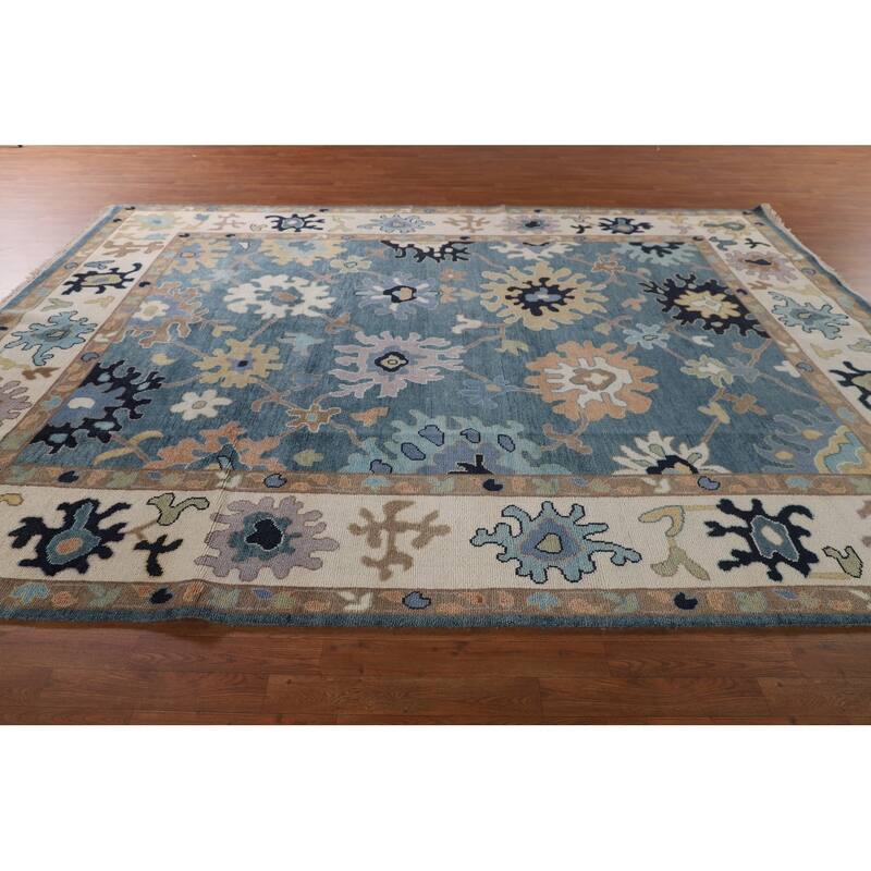 Floral Blue Oushak Oriental Area Rug Handmade Wool Carpet - 9'0"x 11'10"