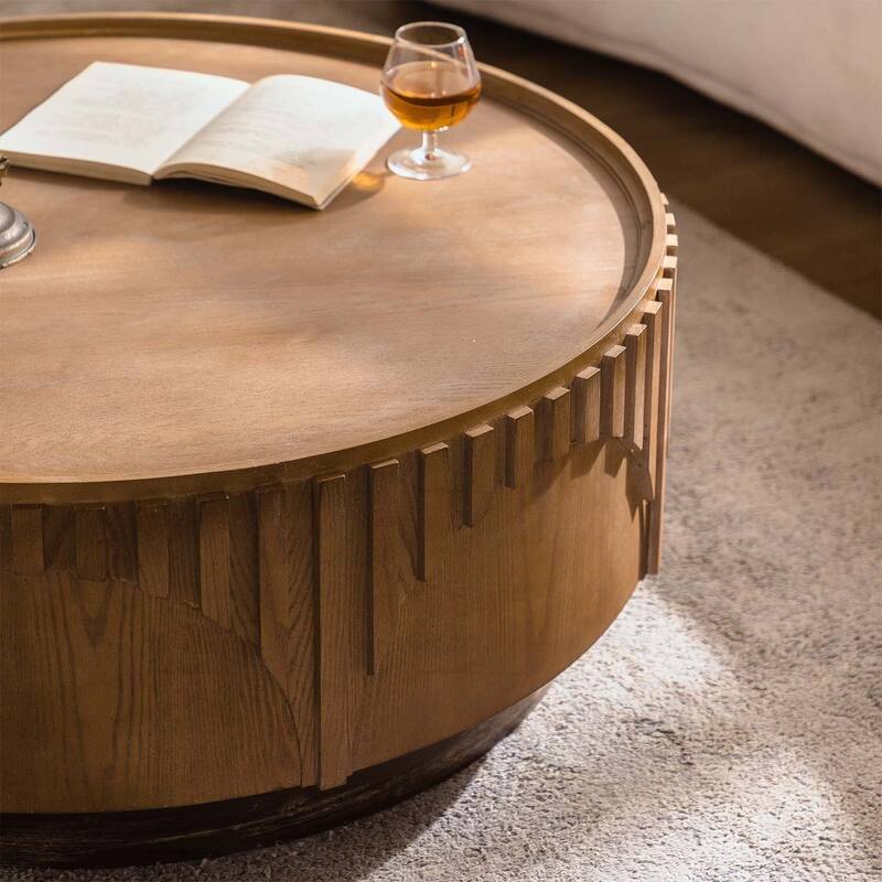Wood Handcrafted Relief Tea Table with Sturdy Pedestal for Apartment,Living Room