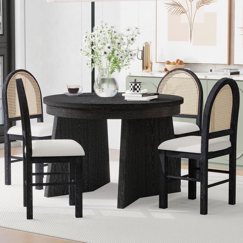 Spruce & Spring Round Dining Table Set for 4, Extendable 5-Piece Mid Century Modern Farmhouse Table with Rattan Chairs - Espresso