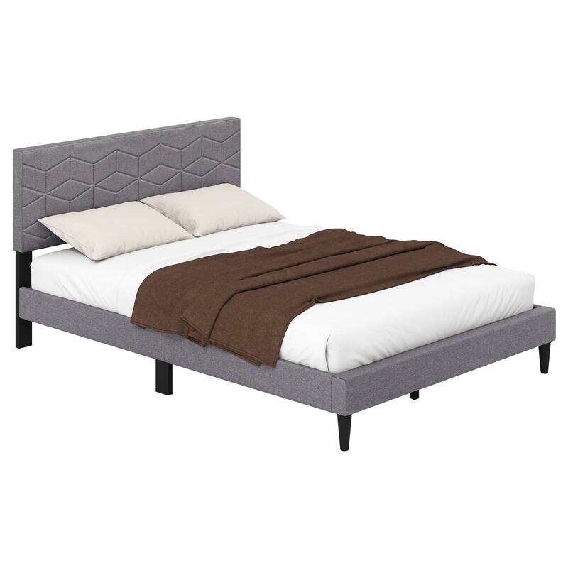 Grey Upholstered Bed Frame with Linen Headboard and Low-Profile Design Box-Spring-Free Setup