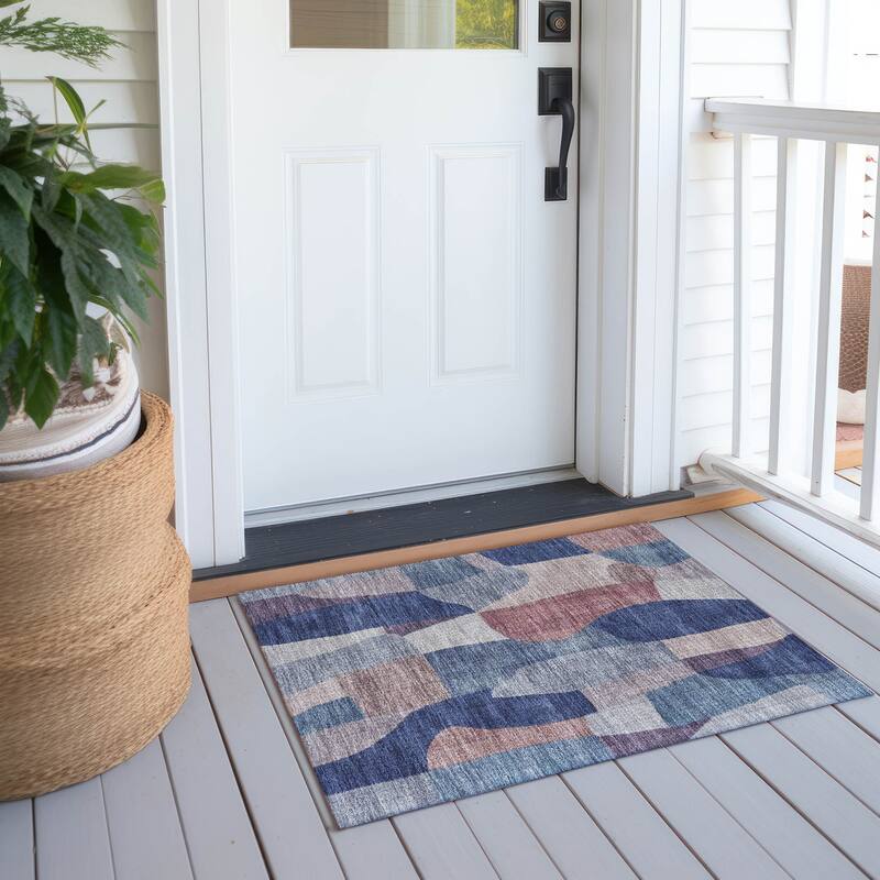 Machine Washable Indoor/ Outdoor Contemporary Layers Chantille Rug - Blue - 1'8" x 2'6"