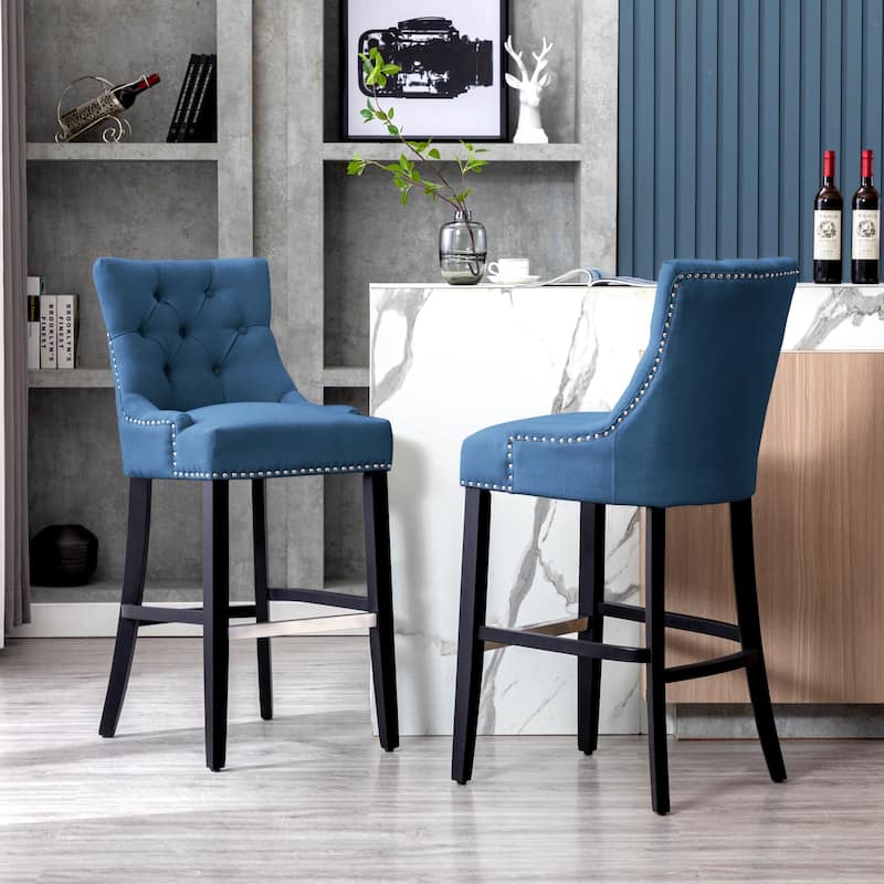 Carter 29" Linen Fabric Tufted Upholstered Bar Stool (Set of 2) - N/A