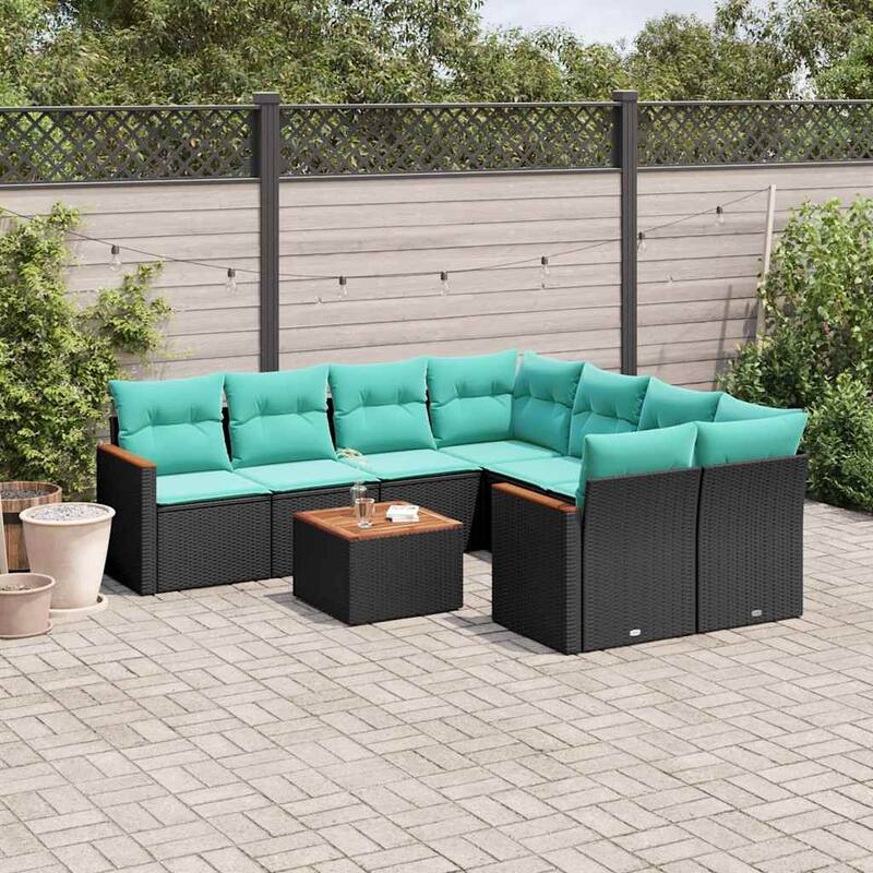 vidaXL Patio Sofa Set with Cushions Outdoor Furniture 9 Piece Poly Rattan - 24.4x 24.4x 27.2 - Black and Blue
