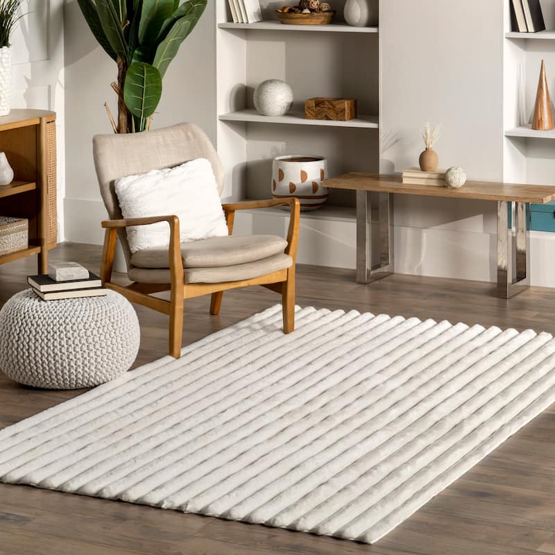Nuloom Kai SuperiorWash Stripe Faux Rabbit Machine Washable Area Rug - 6' x 9' - Off White - Rectangle