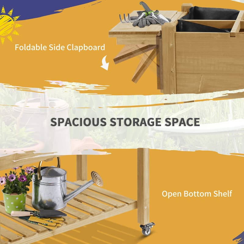 Outsunny 49'' x 21'' x 34'' Raised Garden Bed w/ 8 Grow Grids, Outdoor Wood Plant Stand w/ Storage Shelf and Lockable Wheels