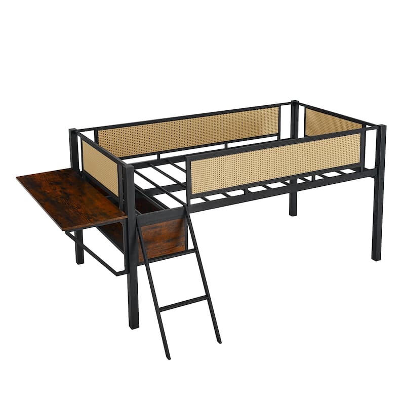 Black+Brown Twin Size Metal Loft Bed with Rectangular Desk and Storage