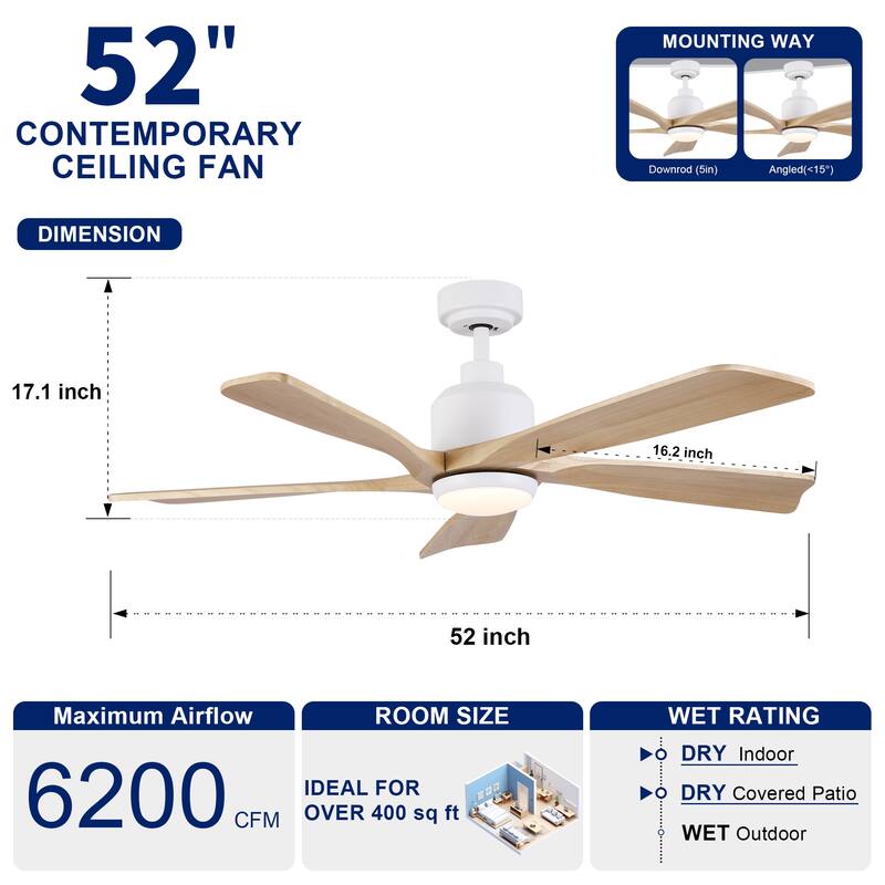 YUHAO SylvanAir Modern 52 in. Flush Mount Outdoor/Indoor Ceiling Fan with 3 Solid Wood Blades and DC Reversible Motor