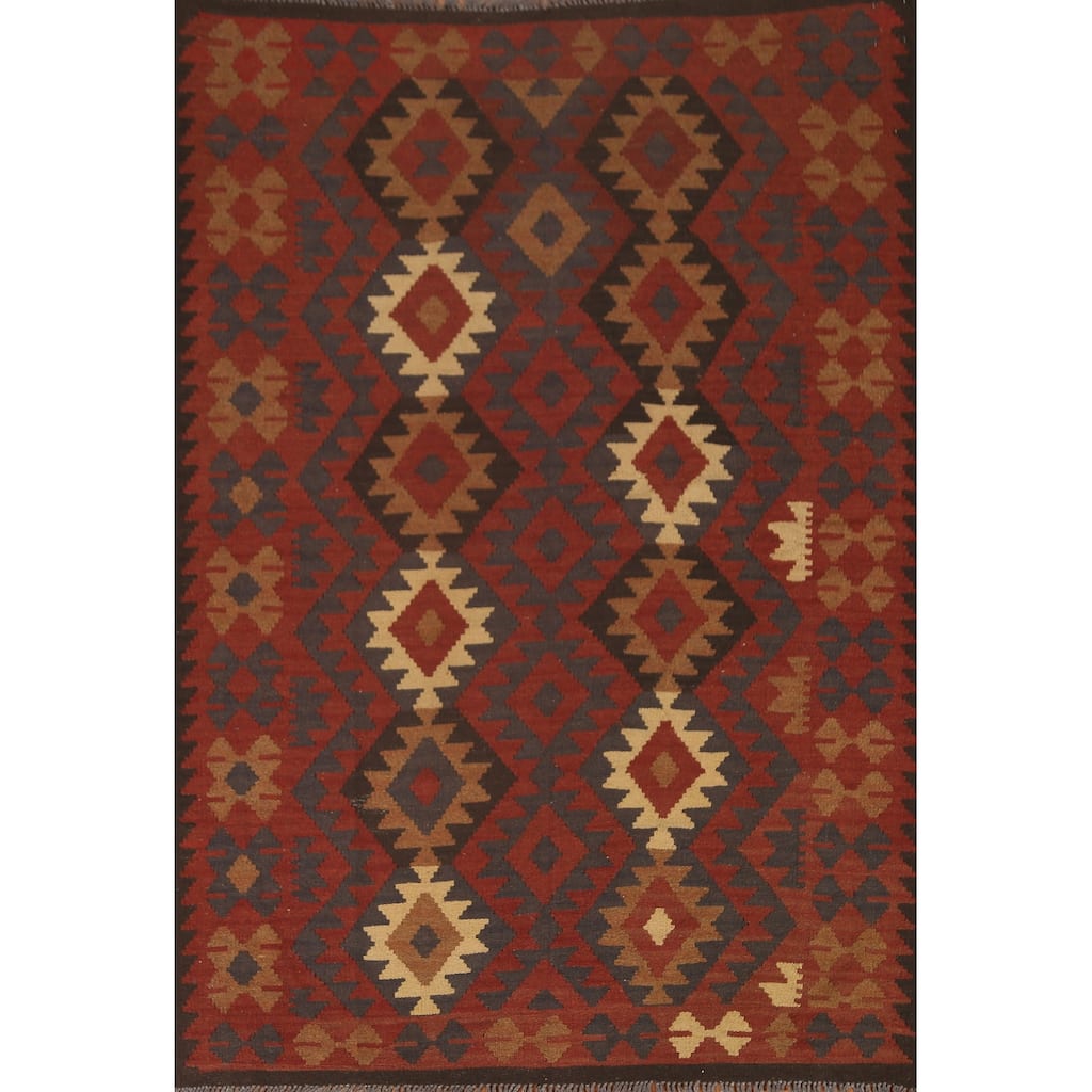Geometric Tribal Kilim Oriental Area Rug Hand-woven Wool Carpet - 4'11" x 6'3"