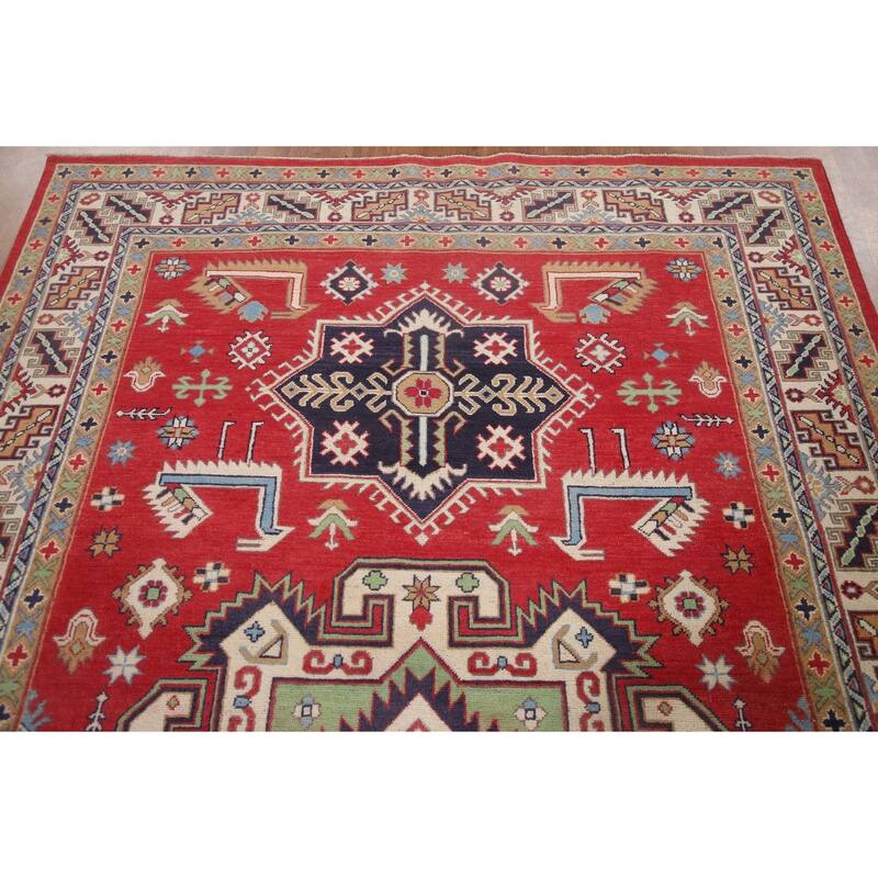 Hand Knotted Oriental 100% Wool Carpet Traditional Geometric Red Kazak Area Rug - 9' 6'' X 6' 4''