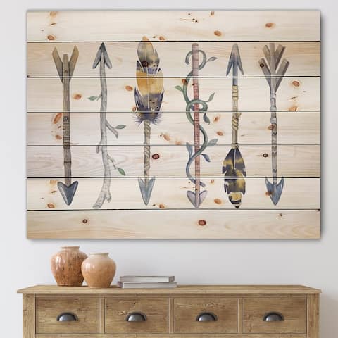 Designart 'Colorful Ethnics Arrows In Native American Style' Bohemian & Eclectic Print on Natural Pine Wood
