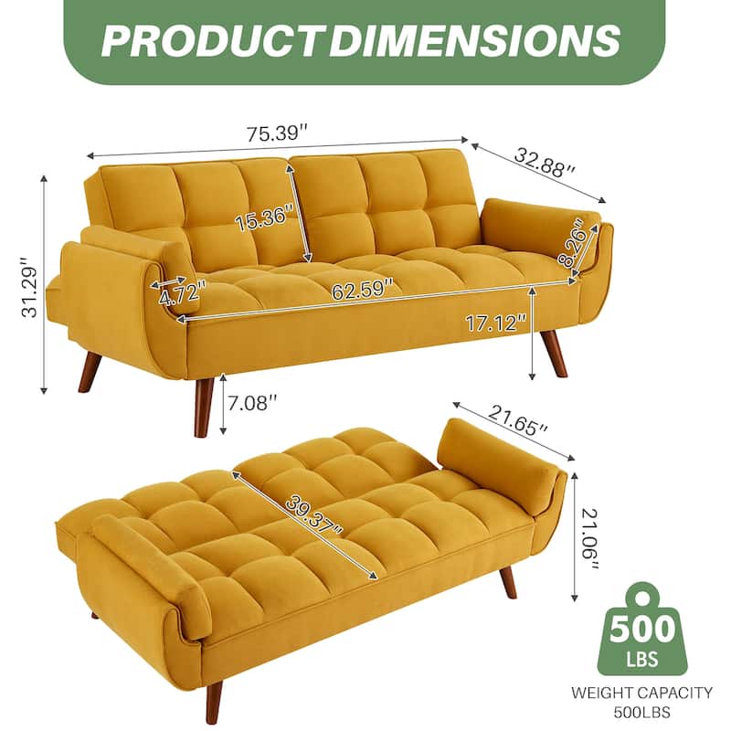 75.39" Futon Sofa Bed, Convertible Folding Futon Couch Recliner Lounge For Living Room With 2 Pillow/Armrest