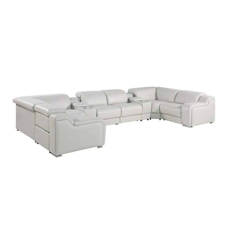 HomeRoots Light Gray Italian Leather Power Reclining U Shaped Eight Piece Corner Sectional With Console