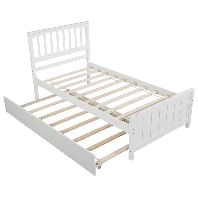 Twin Size White/Gray Platform Bed with Trundle, Solid Pine Wood, Minimalistic Design