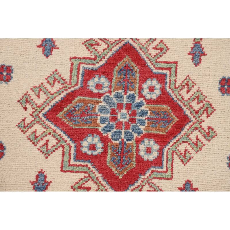 Beige / Ivory Geometric Kazak Oriental Accent Rug Handmade Wool Carpet - 3'2" x 5'0"