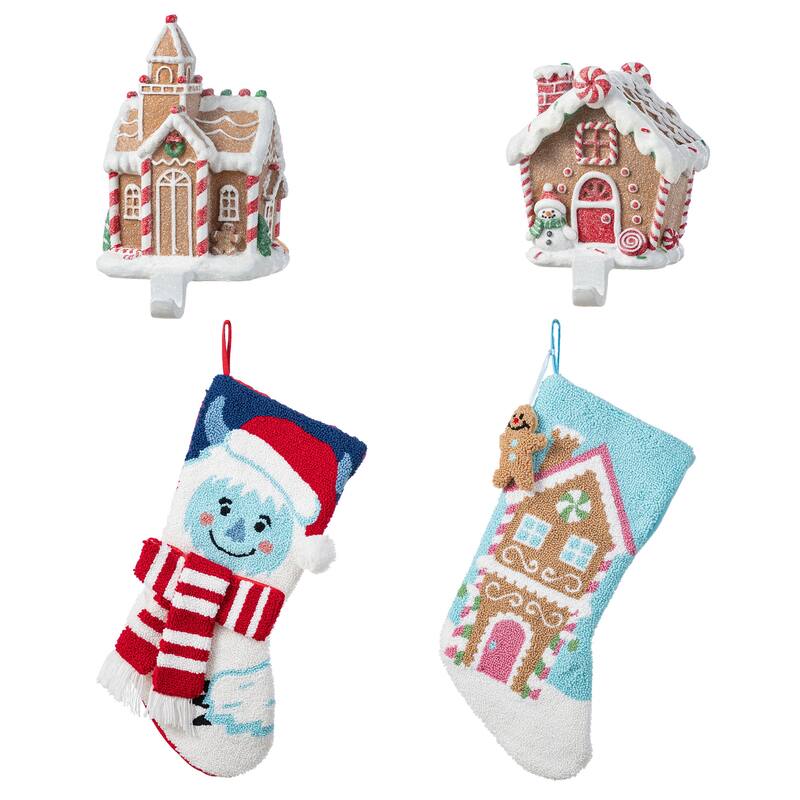 Glitzhome 21"L Hooked Yeti Gingerbread House Stocking with Gingerbread Man Ornament - 4PK Gingerbread House & Yeti & Stocking holders