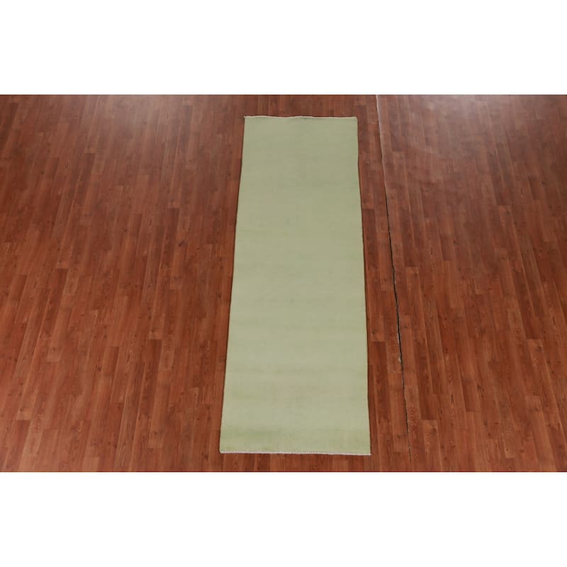 Hand Knotted Oriental 100% Wool Carpet Modern Solid Green Gabbeh Runner Rug - 8' 3'' X 2' 9''