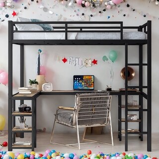 Full Size Metal Loft Bed with Desk,Shelves,Ladder