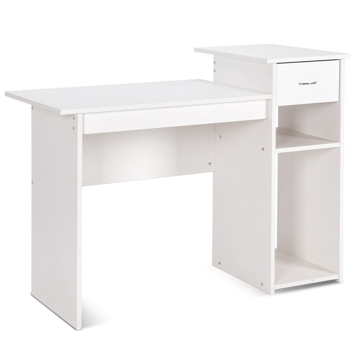 Computer Desk Pc Laptop Table With Drawer And Shelf White Overstock 28423350 Corner home office furniture of wooden desk with drawer and shelves. computer desk pc laptop table with drawer and shelf white