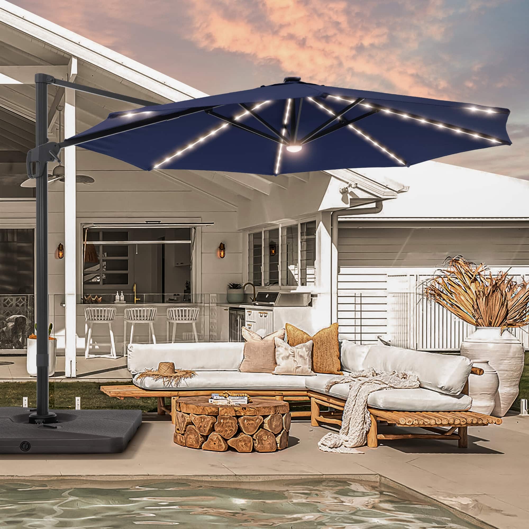 11 ft solar led lighted patio umbrella w tilt adjustment TheLAShop 3-Tiered Tilting with Lights 8-Rib and elegant solution for outdoor living BONOSUKI 11FT LED Cantilever Patio