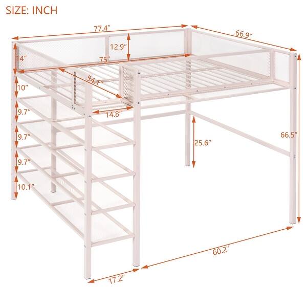 dimension image slide 2 of 4, Full Size Metal Loft Bed with 4-Tier Storage Shelves and Ladder
