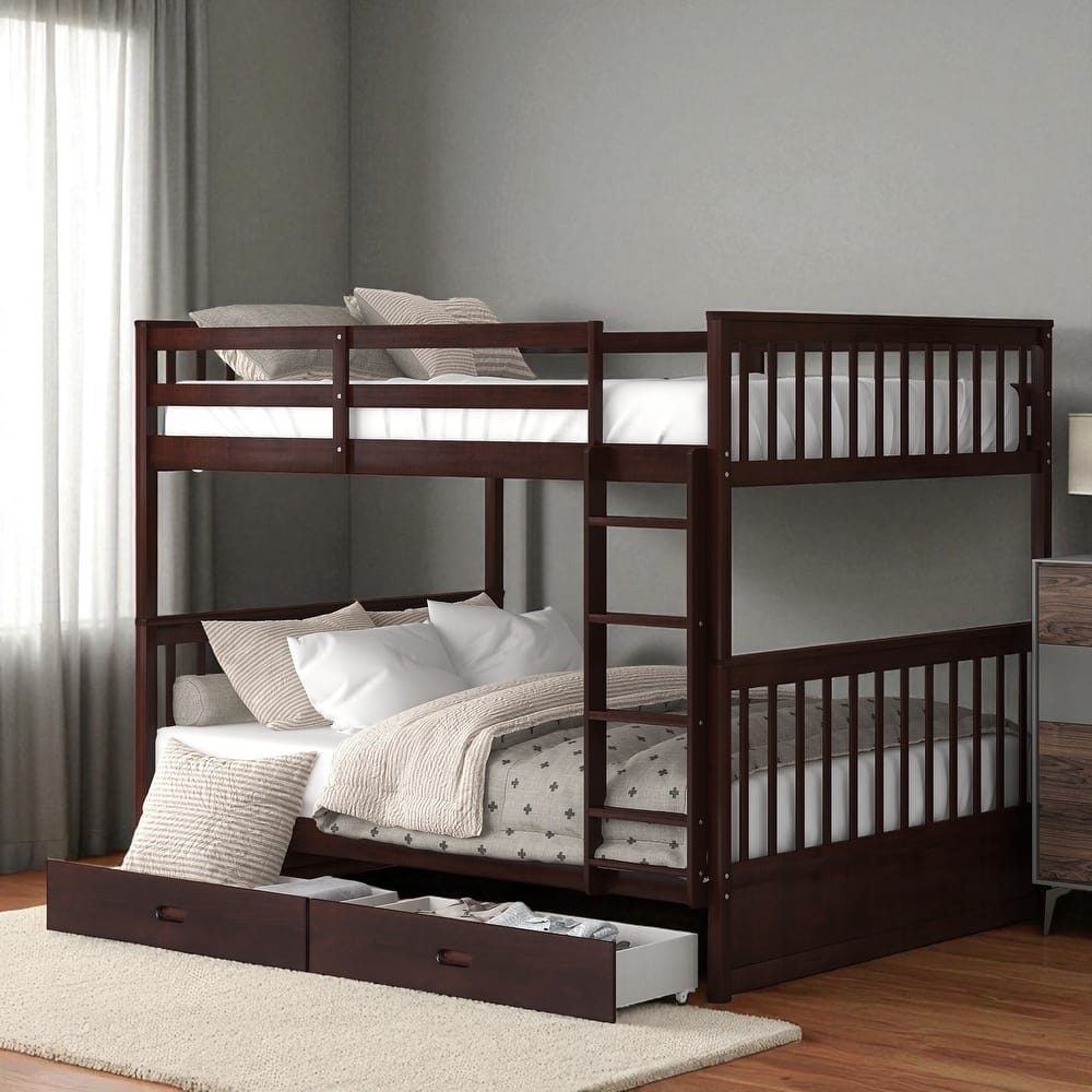 Full Over Full Bunk Bed with Ladder and 2 Storage Drawers, Convertible Wood Frame for Kids or Teens