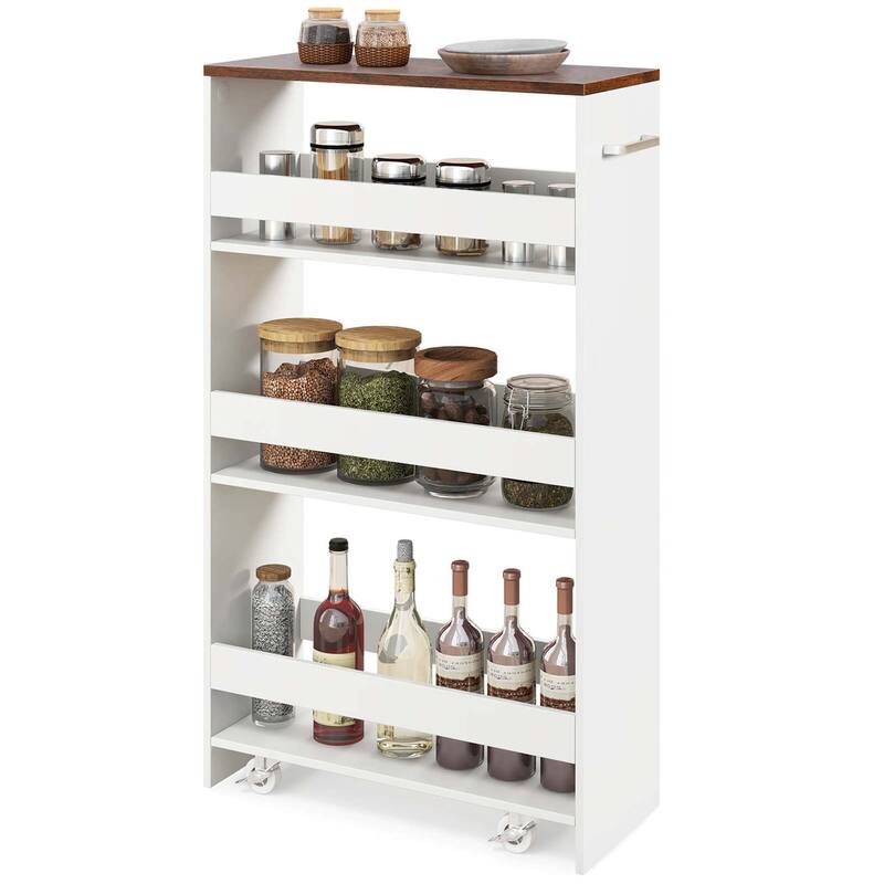 4-Tier Side Out Shelving Unit Slim Storage Rolling Cart w/ Handle - White+Natural
