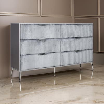Moko 58 Inch Wide Dresser, 6 Soft Upholstered Drawers, Gray, Nickel