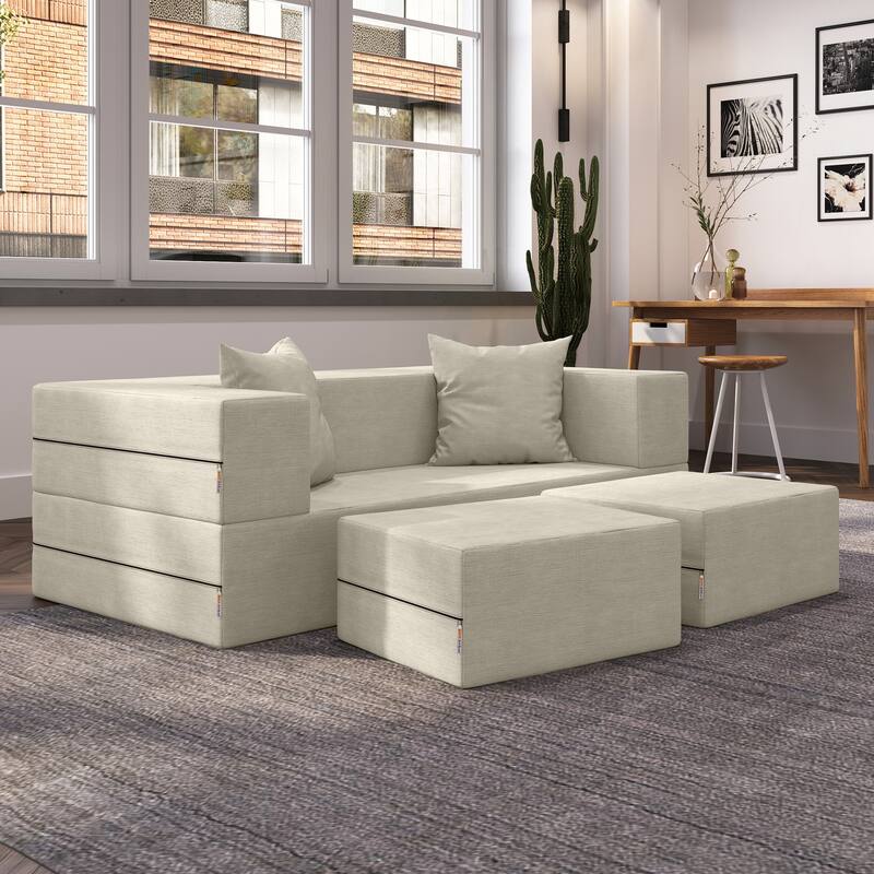 Jaxx Zipline Convertible Queen-size Sleeper Loveseat and Ottoman Set - Ivory