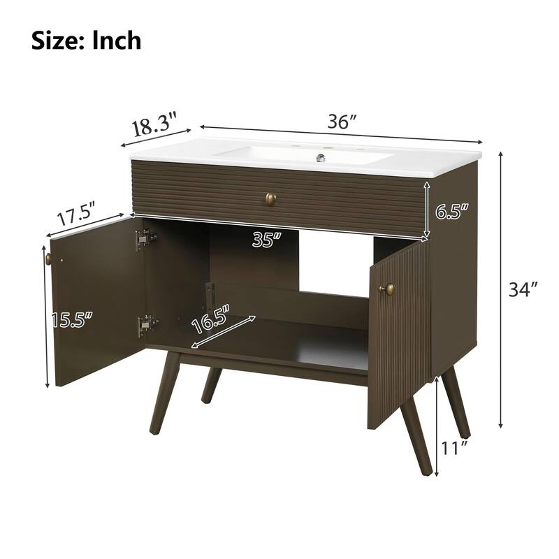 Christopher Knight Home - Modern Space Saving Striped Bathroom Vanity with Premium Ceramic Sink & Soft-Close Dual-Door Storage