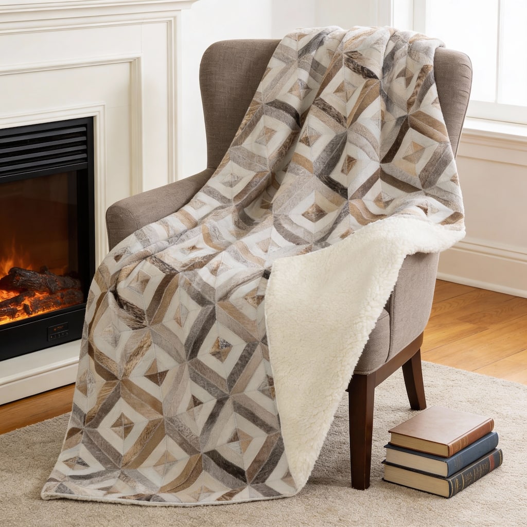 HomeRoots 50" X 70" Gray And Brown Geometric Microfiber Plush Throw Blanket