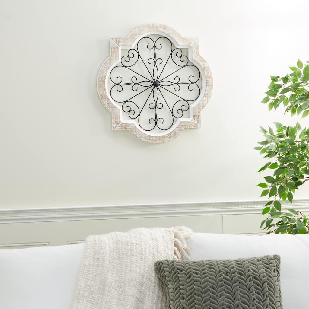 White Wooden Scroll Home Wall Decor with Metal Scroll Work