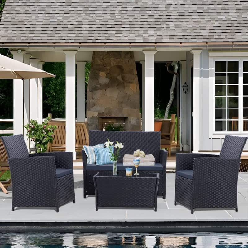 4-Piece Wicker Outdoor Sofa Set, 1 Loveseats, 2 Single Sofas, 1 Table - Black/Blue