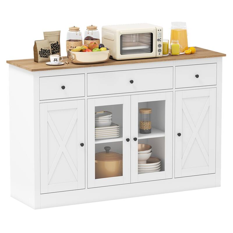 Gymax 55'' Large Buffet Sideboard w/ 3 Drawers 2 See-through Doors - White