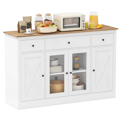 Gymax 55'' Large Buffet Sideboard w/ 3 Drawers 2 See-through Doors
