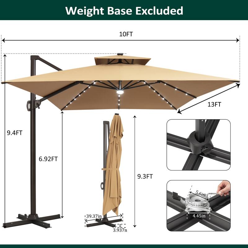 10 X 13 FT Outdoor Patio Cantilever Umbrella with Solar Lights Double Canopy 360 RotationTilt