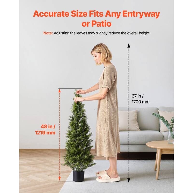 Set of 2 Artificial Topiary Cedar Trees Faux Greenery with Iron & PE Trunks, Weather-Resistant Decorative Plants