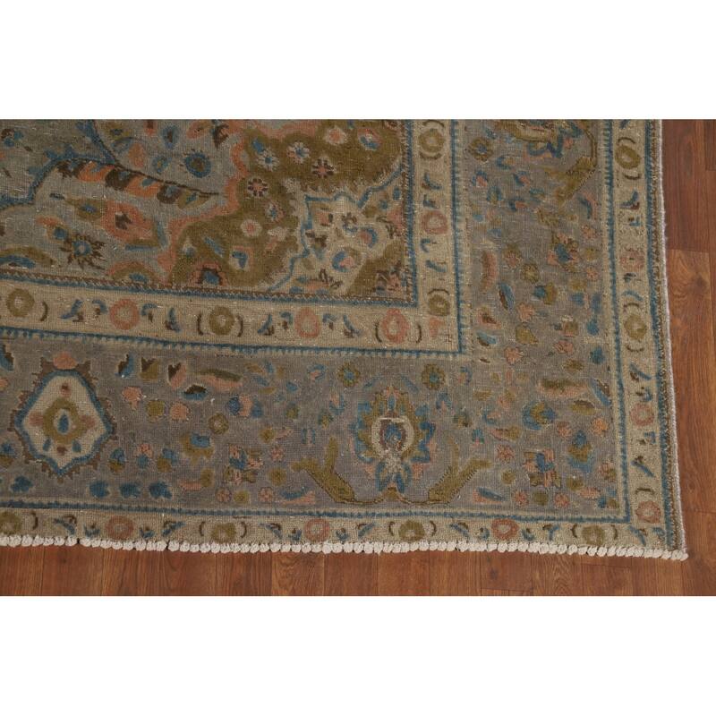 Distressed Tabriz Vintage Persian Rug Hand-Knotted Grey Wool Carpet - 9'11" x 12'10"