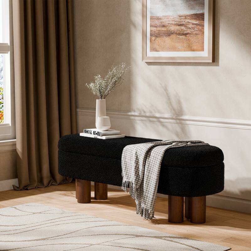 Upholstered Flip Top Storage Bench with Solid Wood Leg for Bedroom, Entryway and Living Room - Black