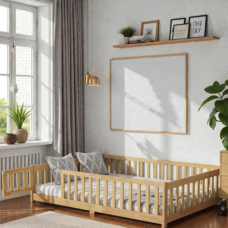 Floor Bed with Fence, Solid Rubber Wood Montessori Floor Bed with Safety Guardrails