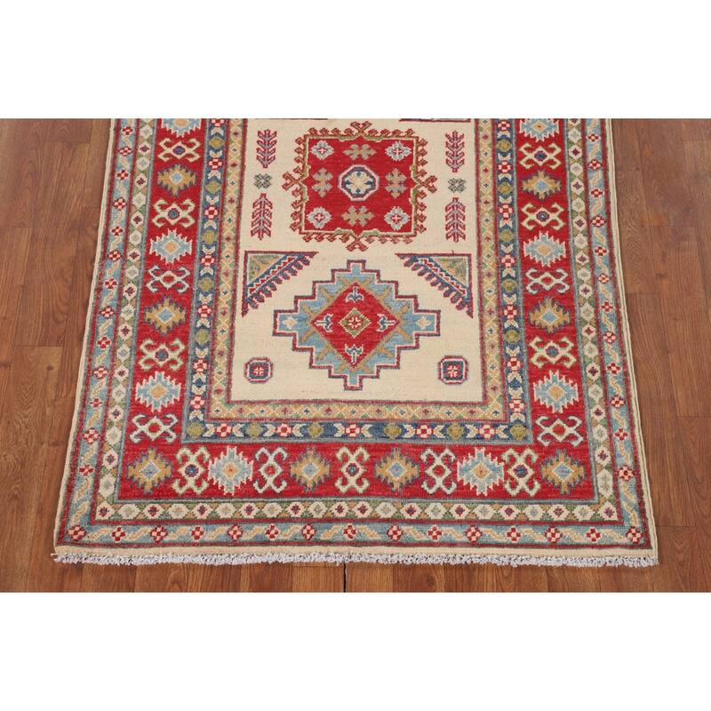 Beige / Ivory Kazak Accent Rug Hand-Knotted Geometric Wool Carpet - 3'11" x 4'11"