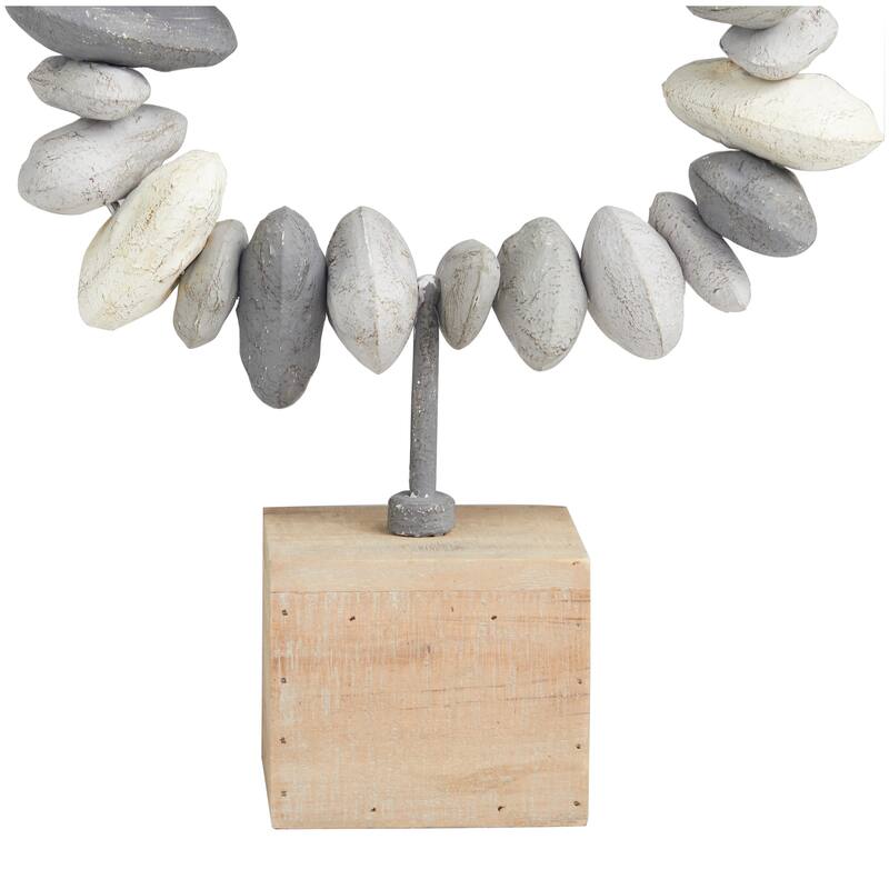 Gray Metal Circular Stone Abstract Decorative Sculpture with Brown Wooden Base