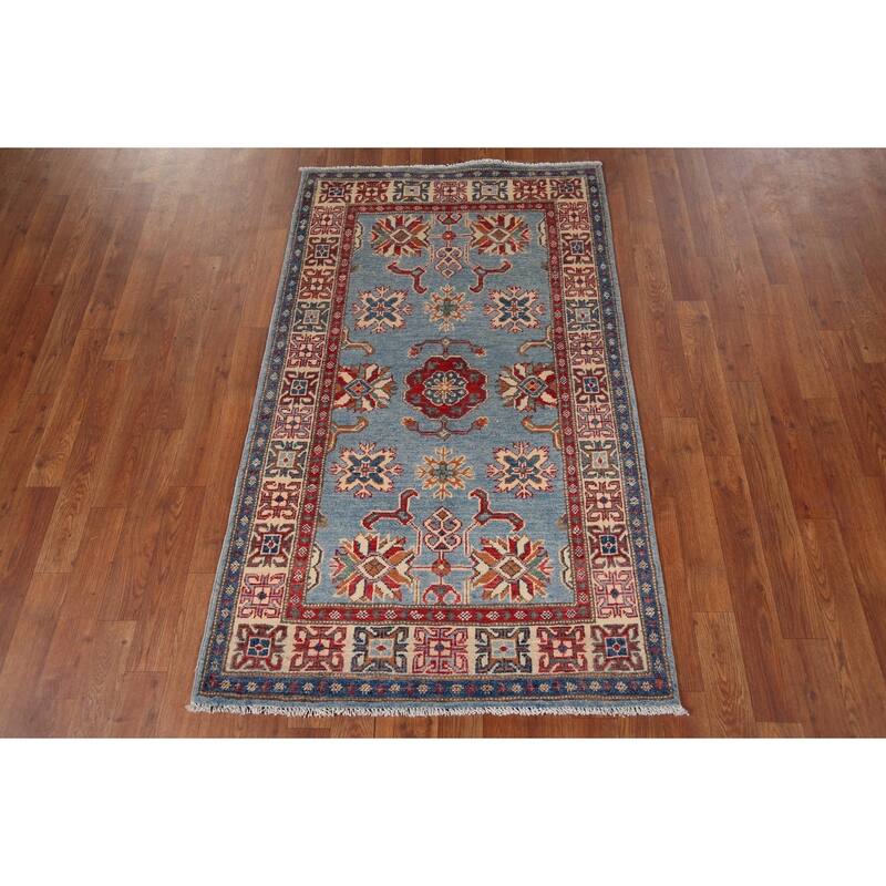 Light Blue Geometric Kazak Accent Rug Hand-Knotted Wool Carpet - 2'11" x 4'11"