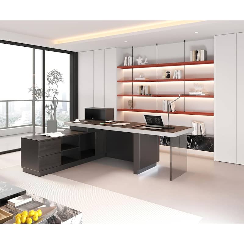 Black L Shaped Office Industrial Executive Desk with Cable Box Socket and LED Light